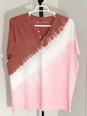 Sun + Stone Tie-Dye Short-Sleeve Henley Shirt - Terracotta Pink White - Size XXL